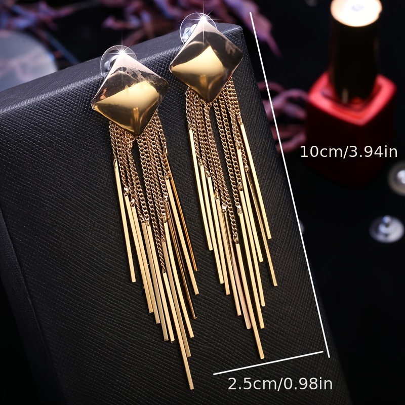 Geometric Square Tassel Earrings, Golden Tone, Stainless Steel Posts